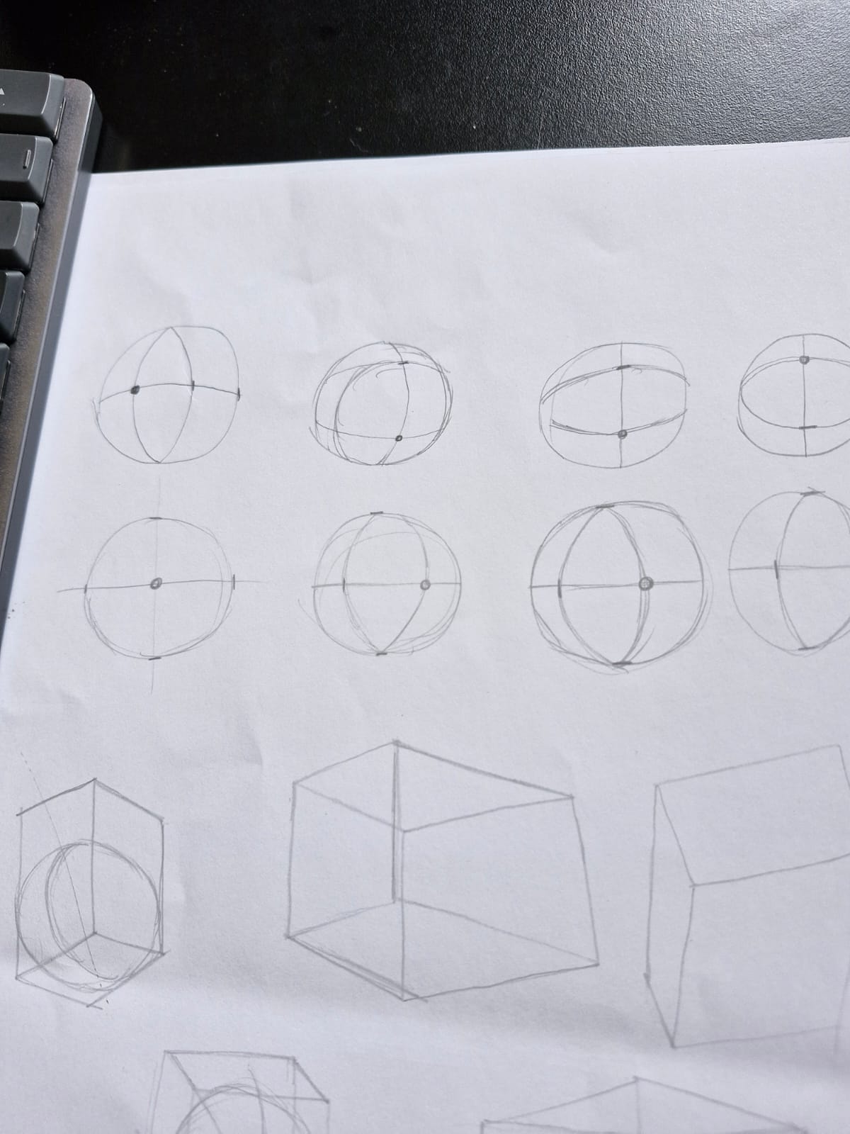 Exercise of rotating boxes and spheres done with pencil