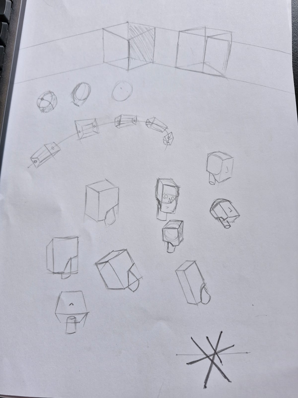 Exercise of constructing human head as a square done with pencil